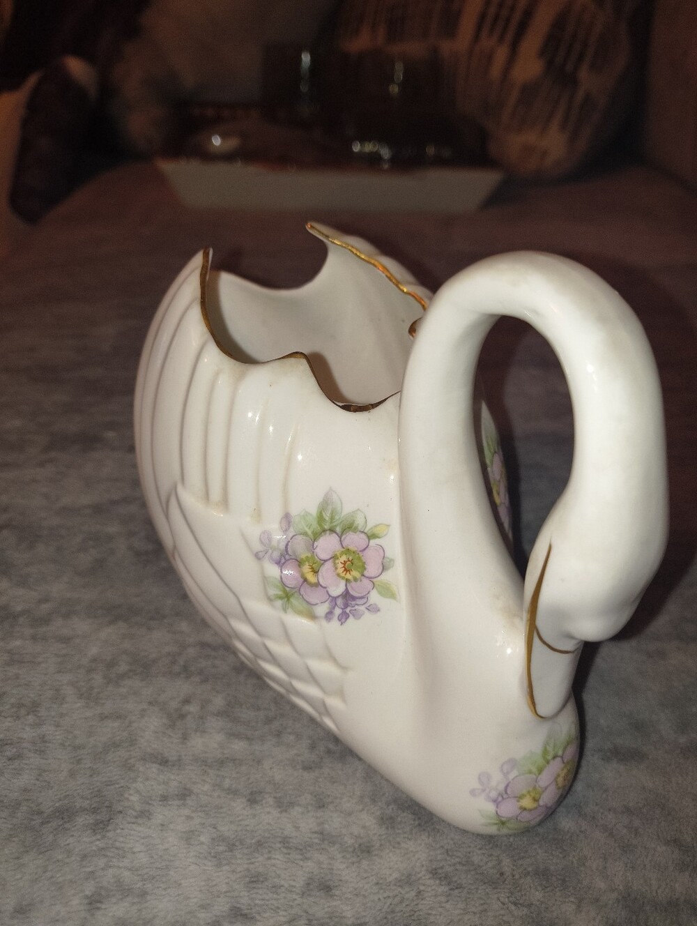 Source Unknown White Porcelain Swan Planter with Purple Floral Accents